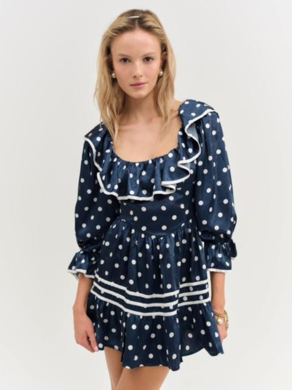 $259 NWT For Love And Lemons Seaside Dot Mini Dress in Blue Sz Small